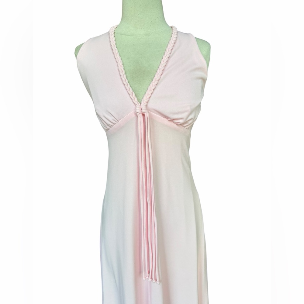 1970s Pale Pink Braided‎ Trim V-Neckline w/Tassels Lined Poly Maxi Dress - Picture 2 of 5